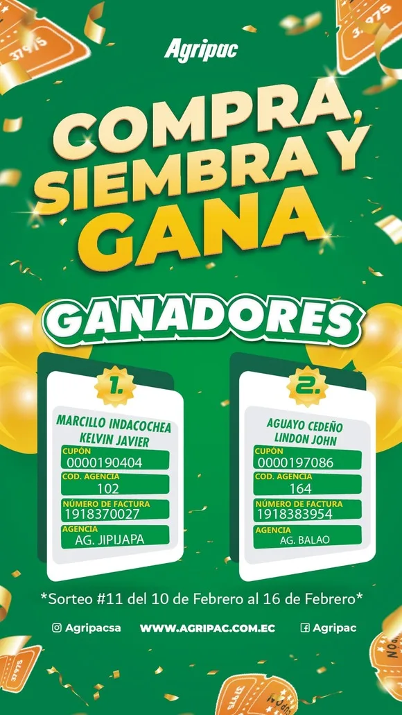 ECUADOR: Jipijapa y Balao nuevos ganadores del sorteo "COMPRA , SIEMBRA Y GANA" de Agripac