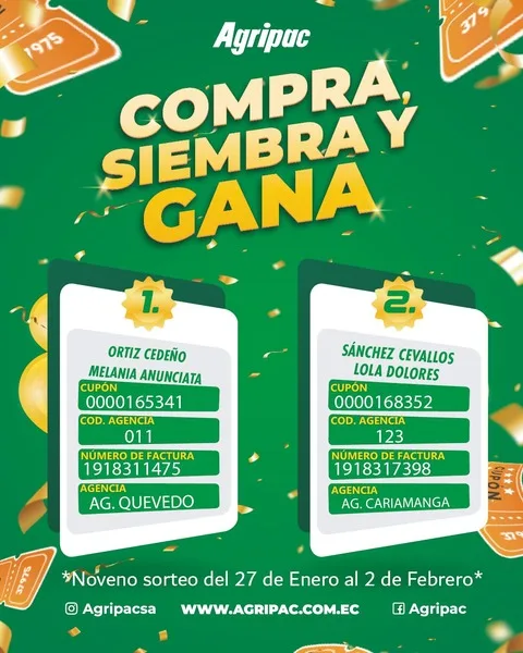 ECUADOR: Quevedo y Cariamanga, las zonas beneficiadas con el nuevo sorteo de Agripac